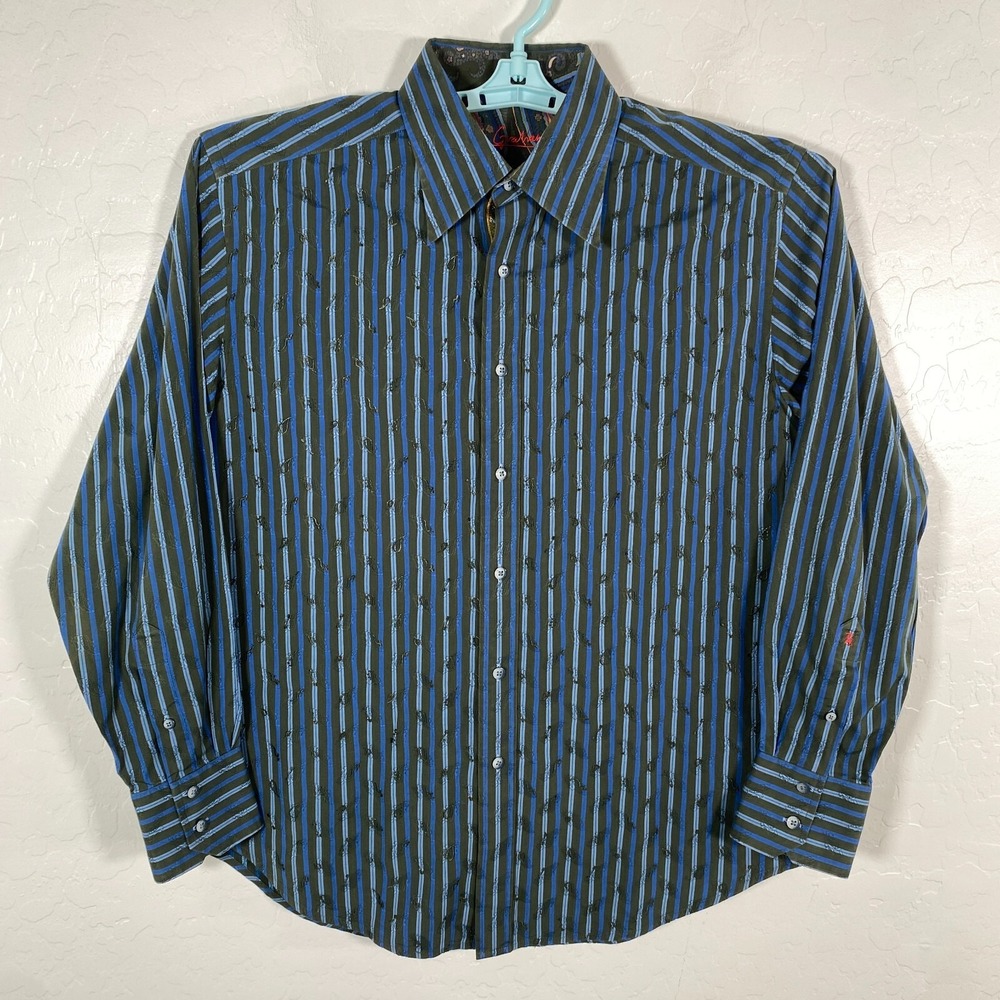 Robert Graham Shirt Mens Large Green Button Up‎ Flip Cuff Paisley Embroidered